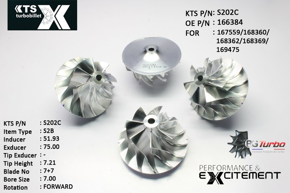 Turbo ROUE FORGÉE MFS PERFORMANCE - 7+7 PALES - INDUCER : 51,93 - EXDUCER : 75 - TYPE : S2BANGLE : 60° - ROTATION : Forward - SUPER BACK : 7,33 - BORE SIZE : 7
